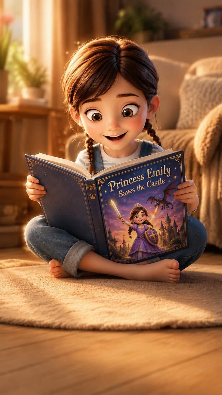 A delighted child discovering herself as the hero on a personalized storybook cover