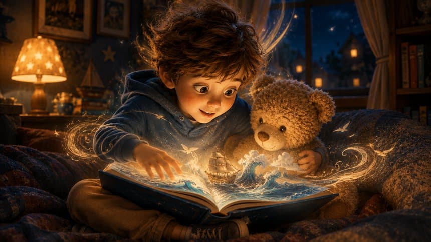 A child and teddy bear reading a glowing storybook at bedtime