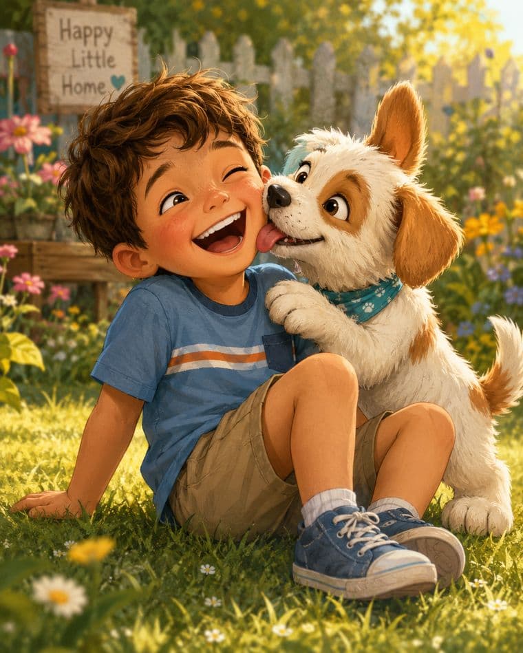 A child laughing with a puppy in a personalized storybook illustration
